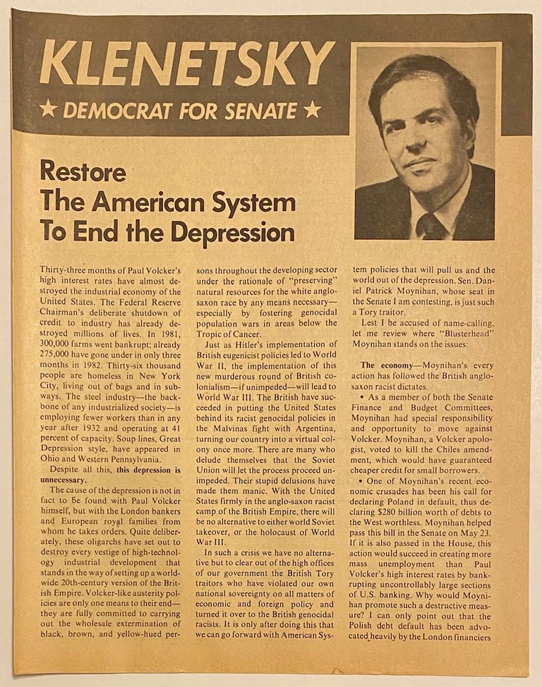 Cat.No: 299927 Restore the American system to end the Depression. Mel Klenetsky.