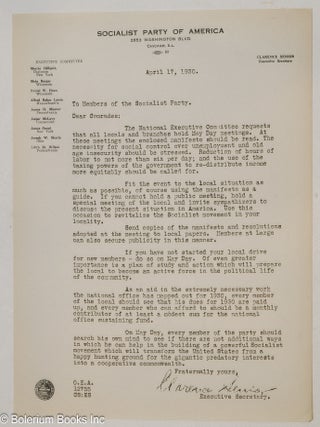 Cat.No: 300315 To members of the Socialist Party, April 17, 1930. Clarence Senior...