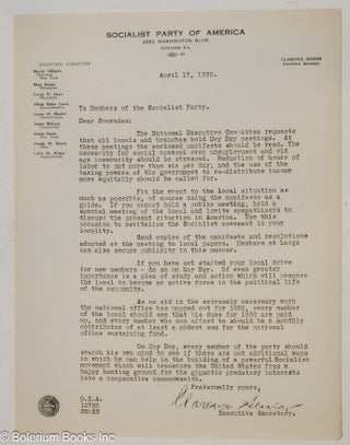 Cat.No: 300315 To members of the Socialist Party, April 17, 1930. Clarence Senior...
