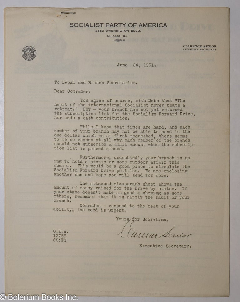 Cat.No: 300514 To Local and Branch Secretaries... June 24, 1934. Clarence for the Socialist Party of America Senior.