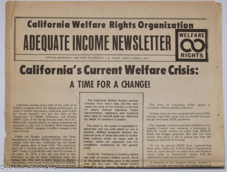 Cat.No: 300875 Adequate income newsletter, April, 1971. California Welfare Rights Organization.