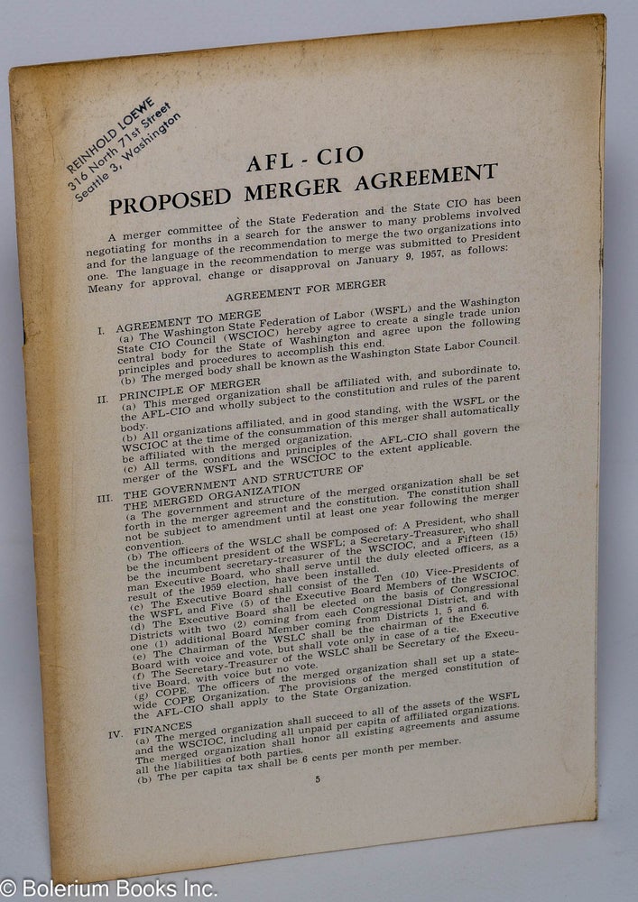 Cat.No: 301403 AFL - CIO proposed merger agreement. A merger committee of