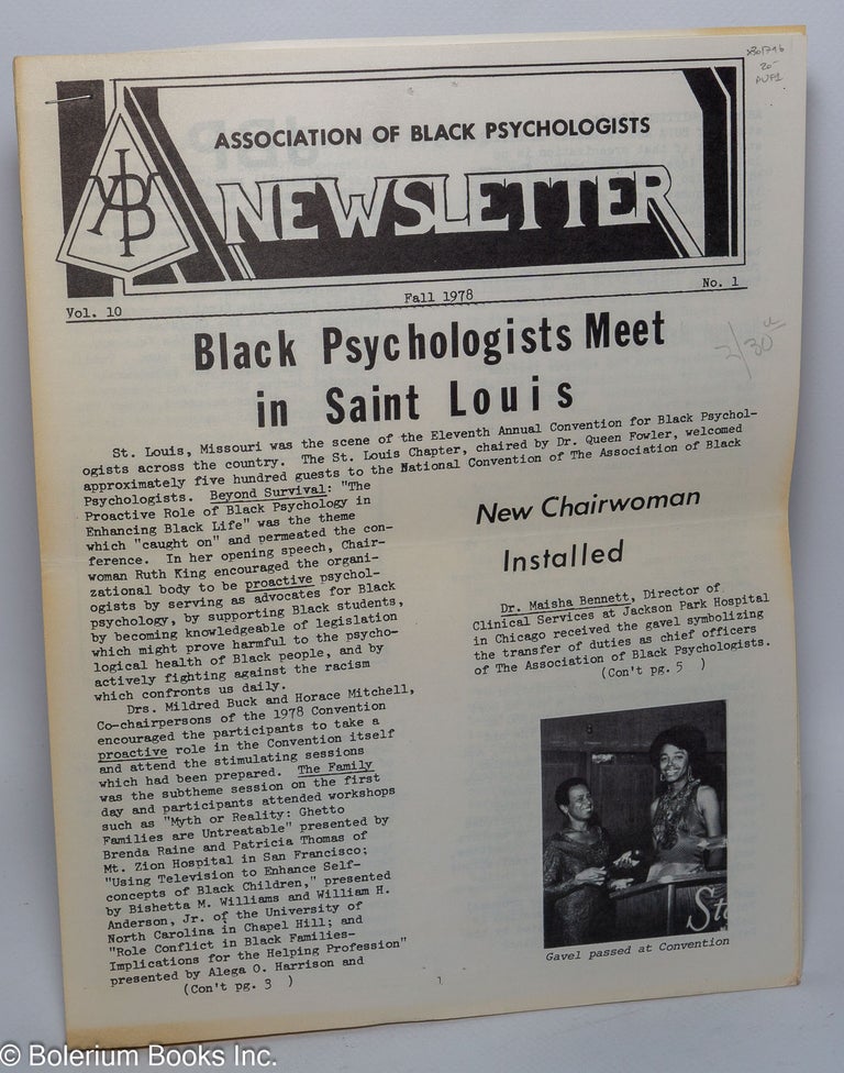 Cat.No: 301796 Association of Black Psychologists Newsletter. Volume 12, Number 1, Fall