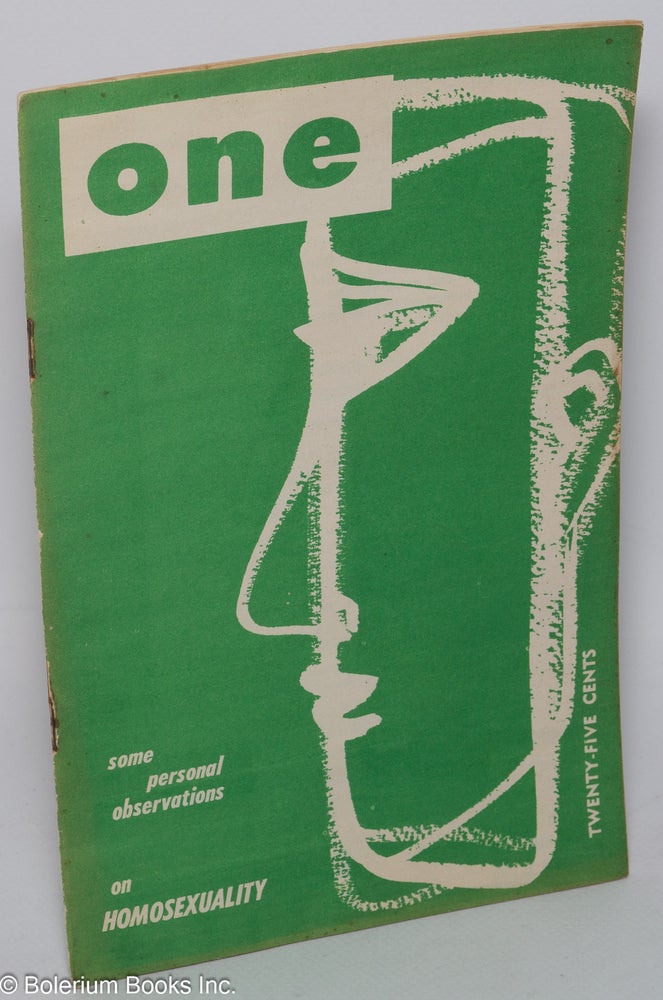 Cat.No: 302692 ONE: the homosexual magazine vol. 3, #8, August 1955; some personal observations on homosexuality. Ann Carll Reid, Donald Webster Cory, James Barr, Lyn Pedersen, John Paul Tegner Luther Allen, Dal McIntire, Mary Drew, Eve Elloree.