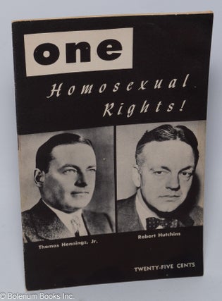 Cat.No: 303075 ONE; the homosexual magazine vol. 4, #1, January 1956; Homosexual rights!...