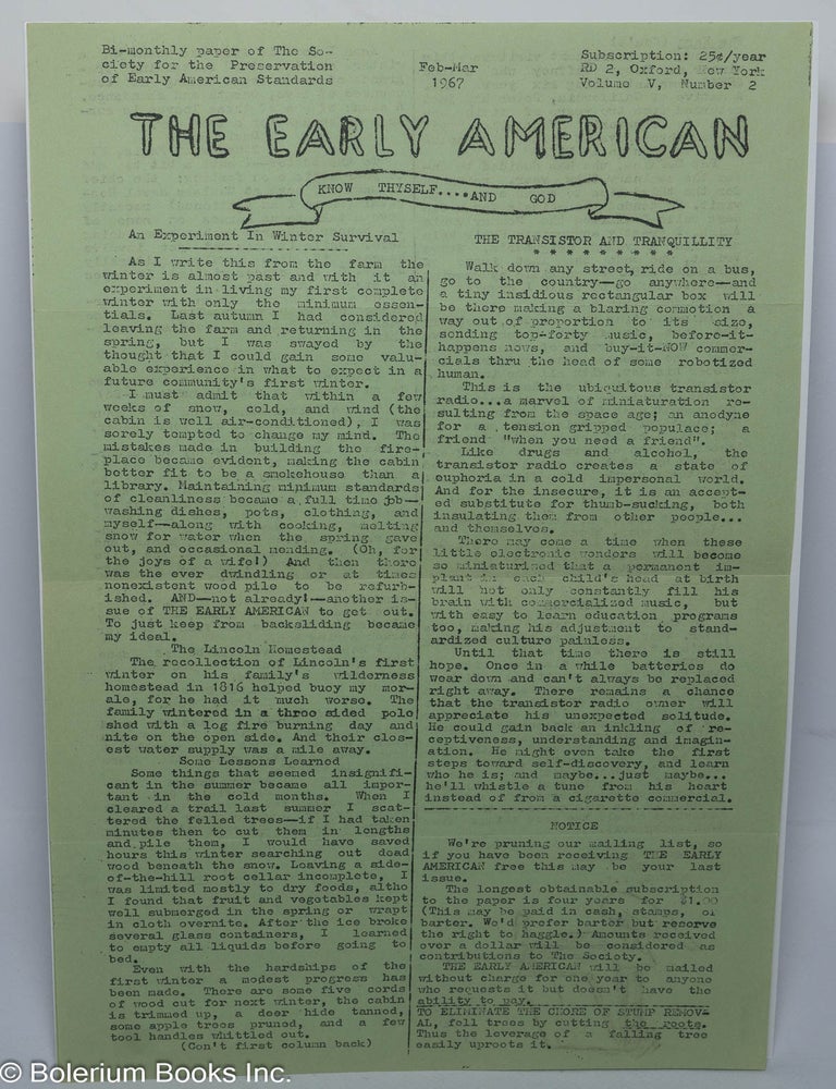 Cat.No: 303124 The early American, bi-monthly paper of The Society for the Preservation of Early American Standards, December - January 1966-67, vol. 5, no. 1 and February - March, 1967, vol. 5, no. 2