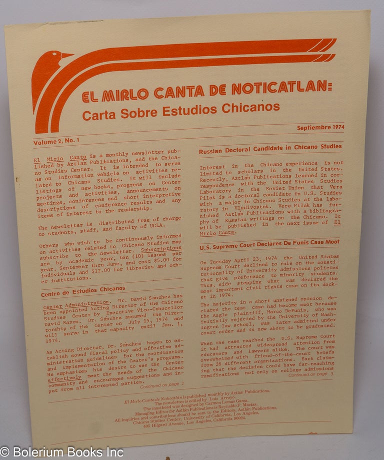Cat.No: 303468 El Mirlo Canta de Noticatlan: carta sobre estudios Chicanos; vol