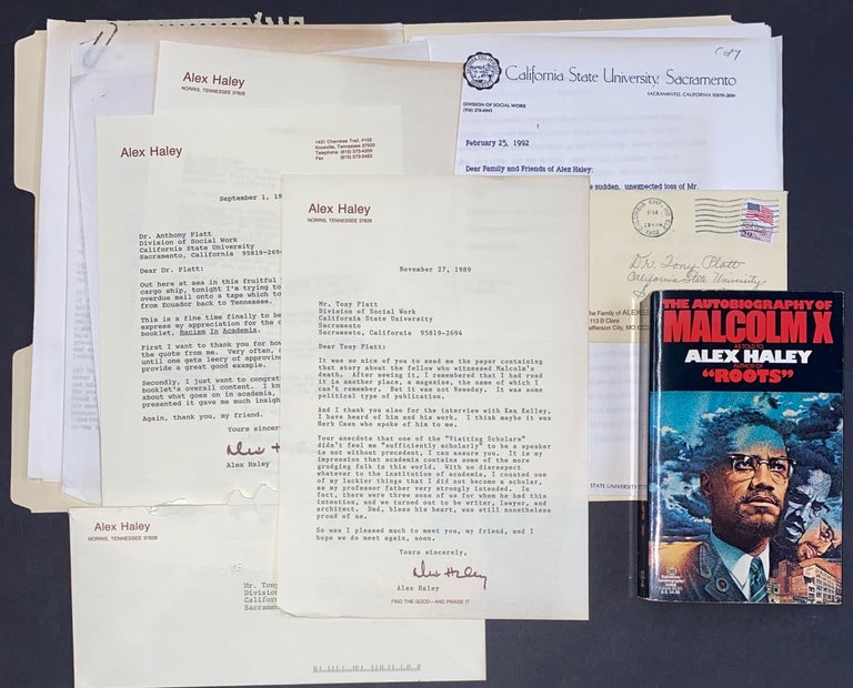 Cat.No: 303638 [Three typed letters from Alex Haley to Tony Platt, with related materials and an inscribed paperback copy of The Autobiography of Malcolm X]. Alex Haley.