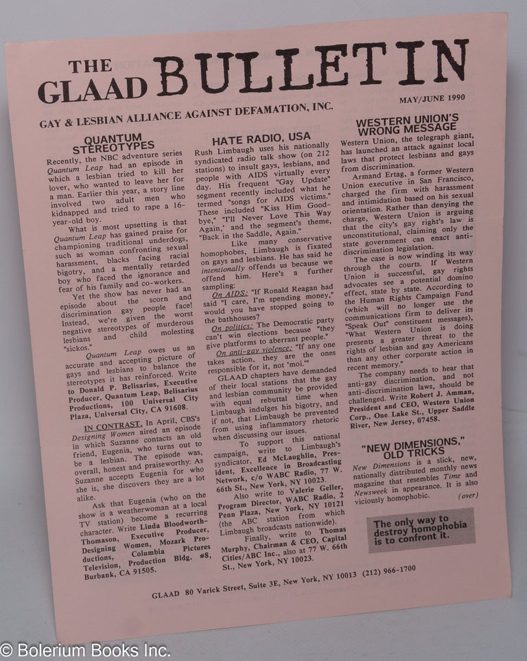 Cat.No: 303861 The GLAAD Bulletin May/June 1990: Hate Radio/Quantum Stereotypes/Western...