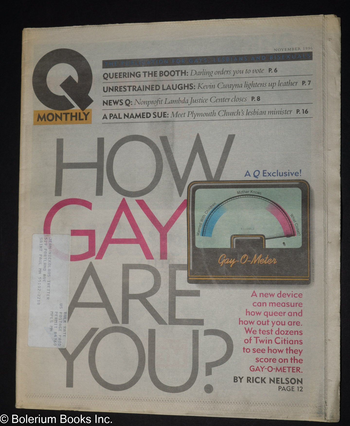 Q Monthly: the publication for gays, lesbians and bisexuals; vol. 3, #11,  Nov., 1996: How Gay Are You | Rick Nelson, Ken Darling David Anger, Rev.  Susan