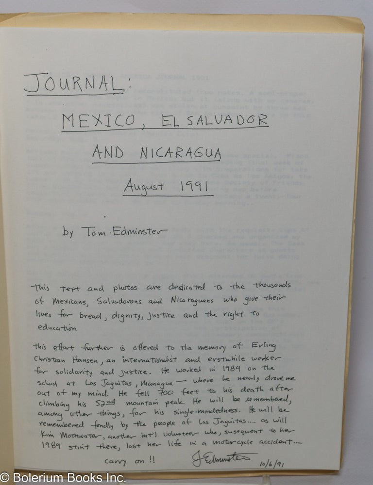 Cat.No: 304291 Journal: Mexico, El Salvador and Nicaragua August 1991. Tom Edminster.