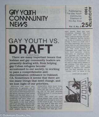 Cat.No: 304655 Gay Youth Community News: vol. 2, #2, Aug. 1980: Gay Youth vs. Draft. Tim...