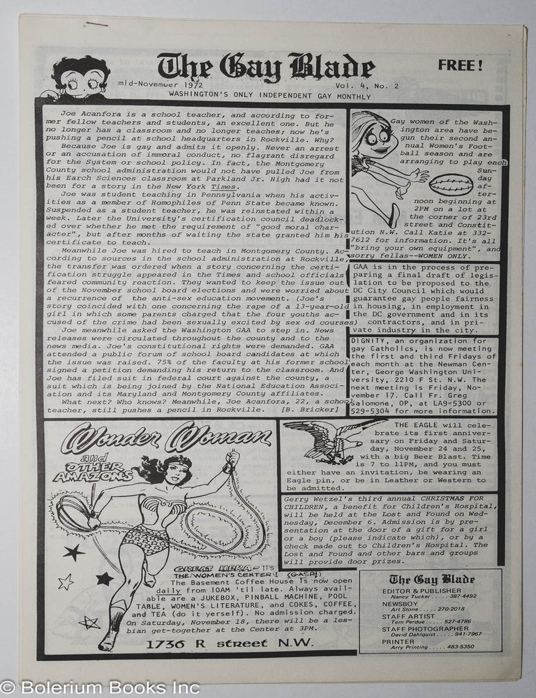 Cat.No: 304672 The Gay Blade: an independent publication serving the gay community [aka The Blade aka The Washington Blade] vol. 4, #2, mid-November, 1972. Nancy Tucker, publisher.