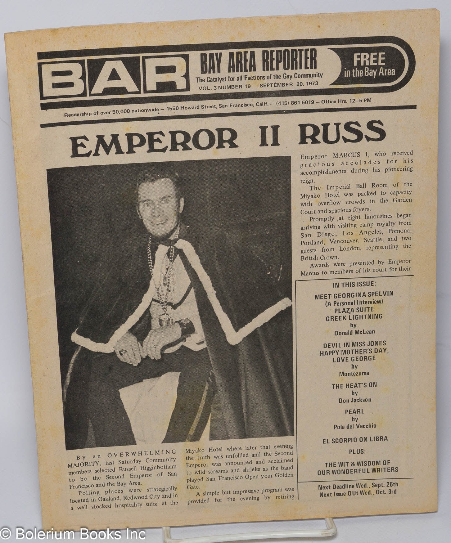 B.A.R. Bay Area Reporter: the catalyst for all factions of the gay  community; vol. 3, #19, Sept. 20, 1973: Emperor II Russ | Paul Bentley, Bob  Ross, Georgina Spelvin publishers, Emperor