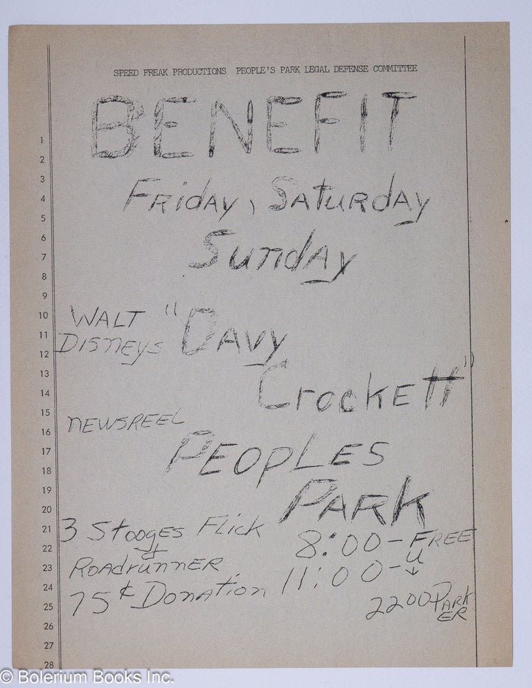 Cat.No: 305950 Benefit Friday, Saturday, Sunday [People's Park handbill] Walt Disney's "Davy