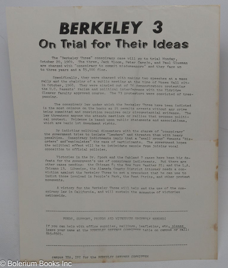 Cat.No: 306032 Berkeley 3 on trial for their ideas [handbill on arrest