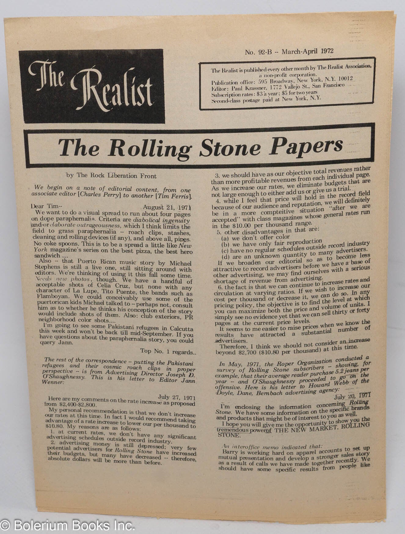 The realist: no. 92-B, March - April 1972: The Rolling Stone Papers by ...