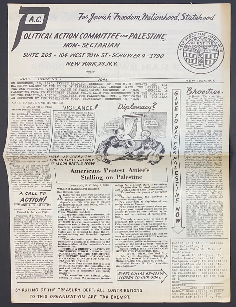 Cat.No: 306559 P.A.C. - Political Action Committee for Palestine. Issue no. 1 (July 1946)