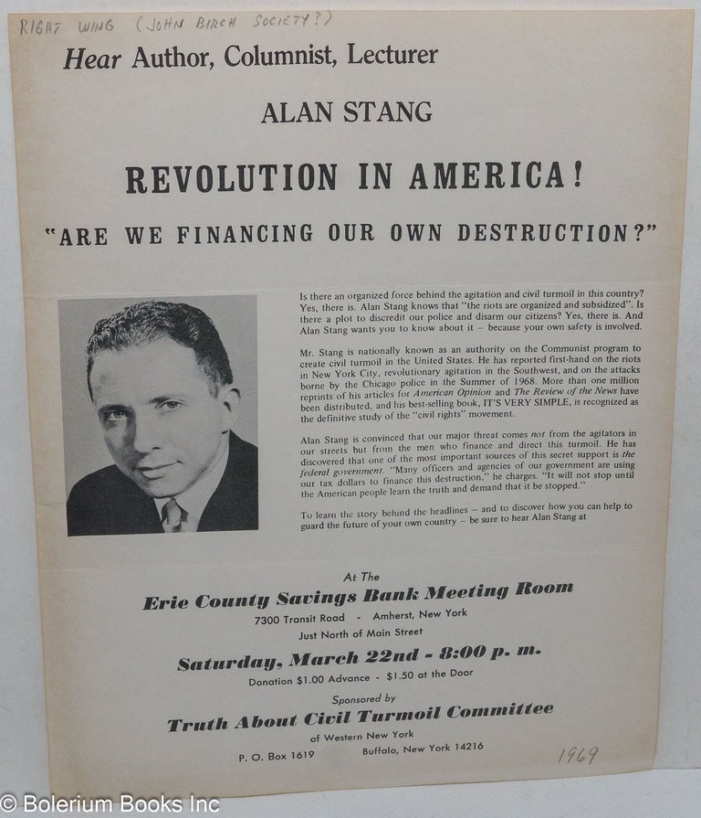 Cat.No: 306712 Hear Author, Columnist, Lecturer Alan Stang: Revolution in America! Are