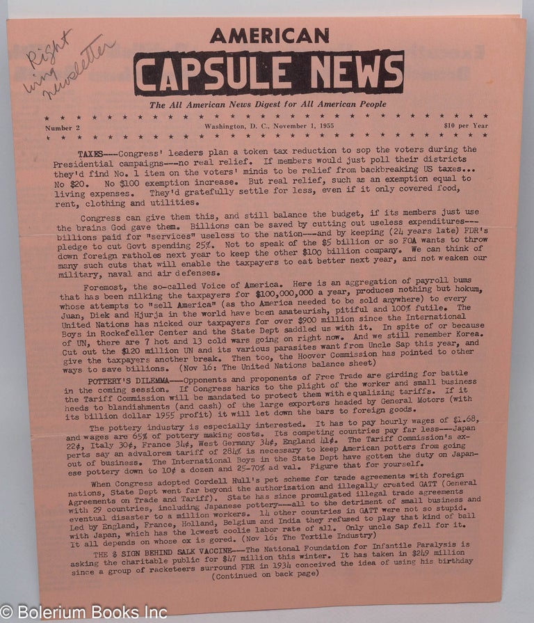 Cat.No: 306775 American Capsule News; The All American News Digest for All. Morris A. Bealle