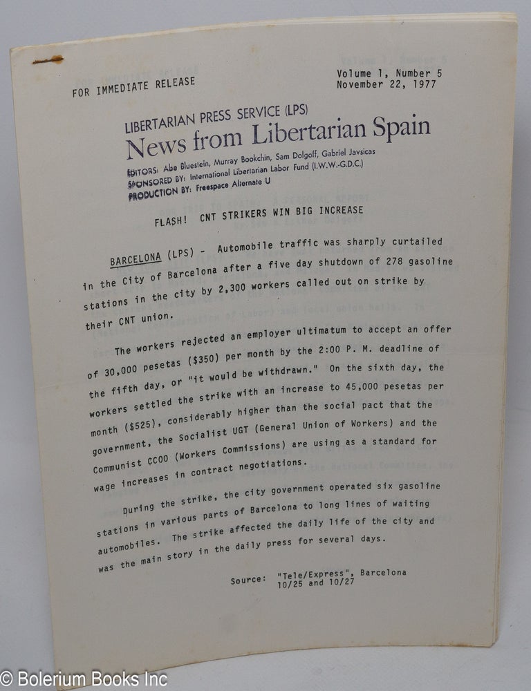 Cat.No: 306777 News from Libertarian Spain: Vol. 1, No. 5 (November 22, 1977). Abe Bluestein, Murray Bookchin Sam Dolgoff, and.
