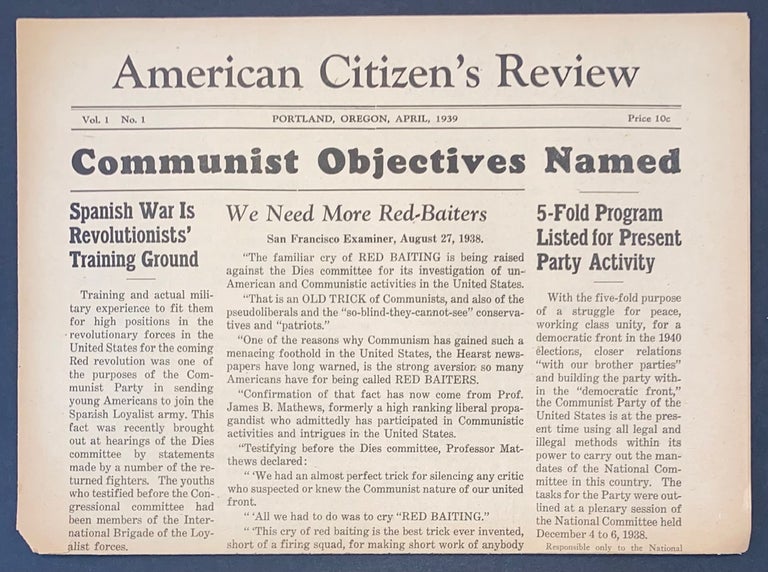 Cat.No: 306906 American Citizen's Review. Vol. 1 no. 1 (April 1939