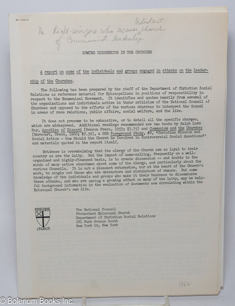 Cat.No: 306996 Sowing Dissension in the Churches: A report on some of