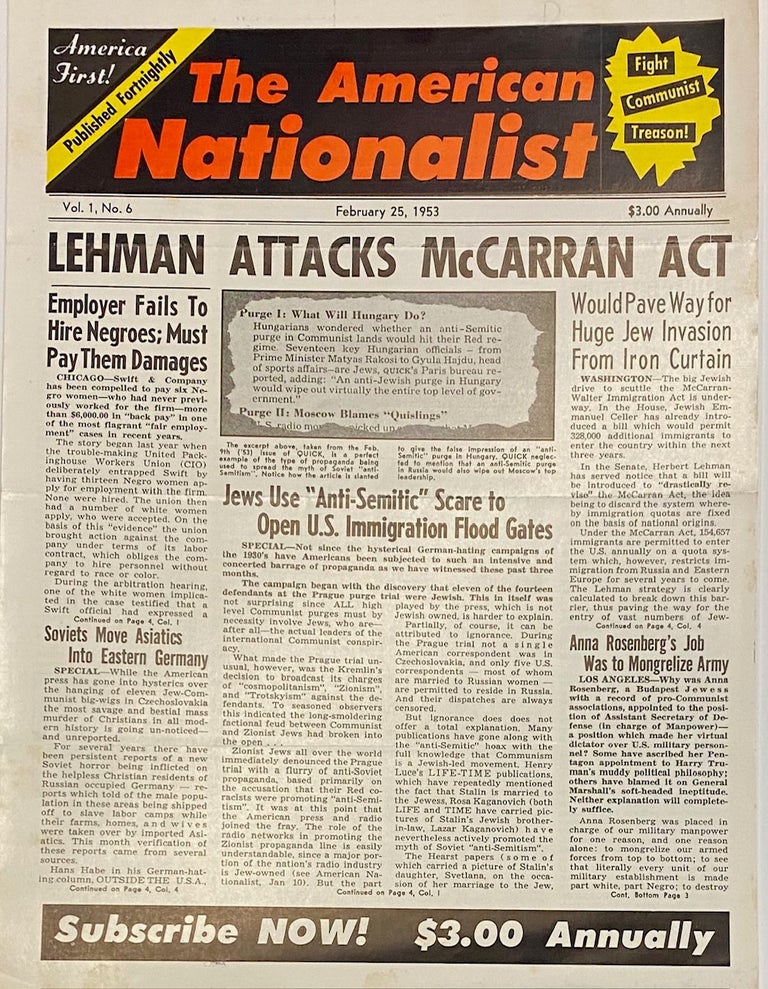 Cat.No: 307016 The American Nationalist. Vol. 1 no. 6 (February 25, 1953). Frank L. Britton