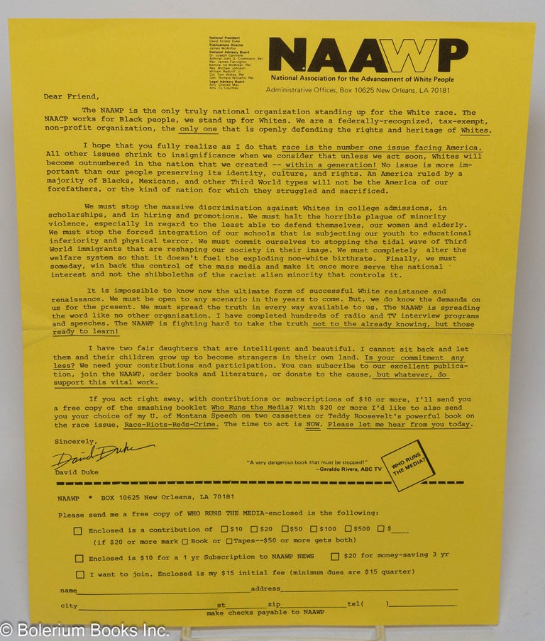 Cat.No: 307034 NAAWP; National Association for the Advancement of White People. David...