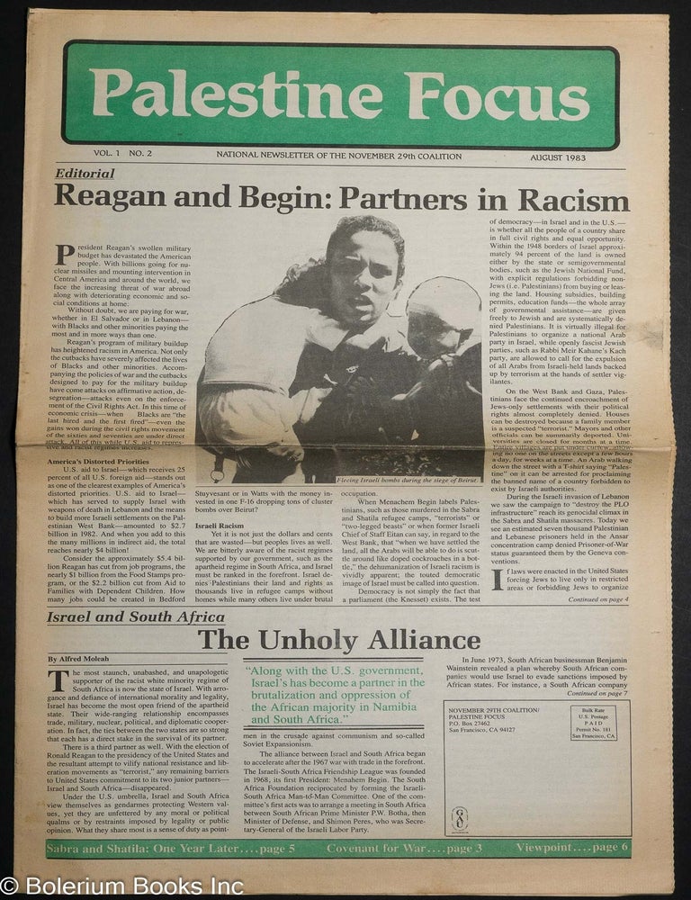 Cat.No: 307981 Palestine focus: national newsletter of the November 29th Coalition, vol. 1, no. 2 (August 1983)