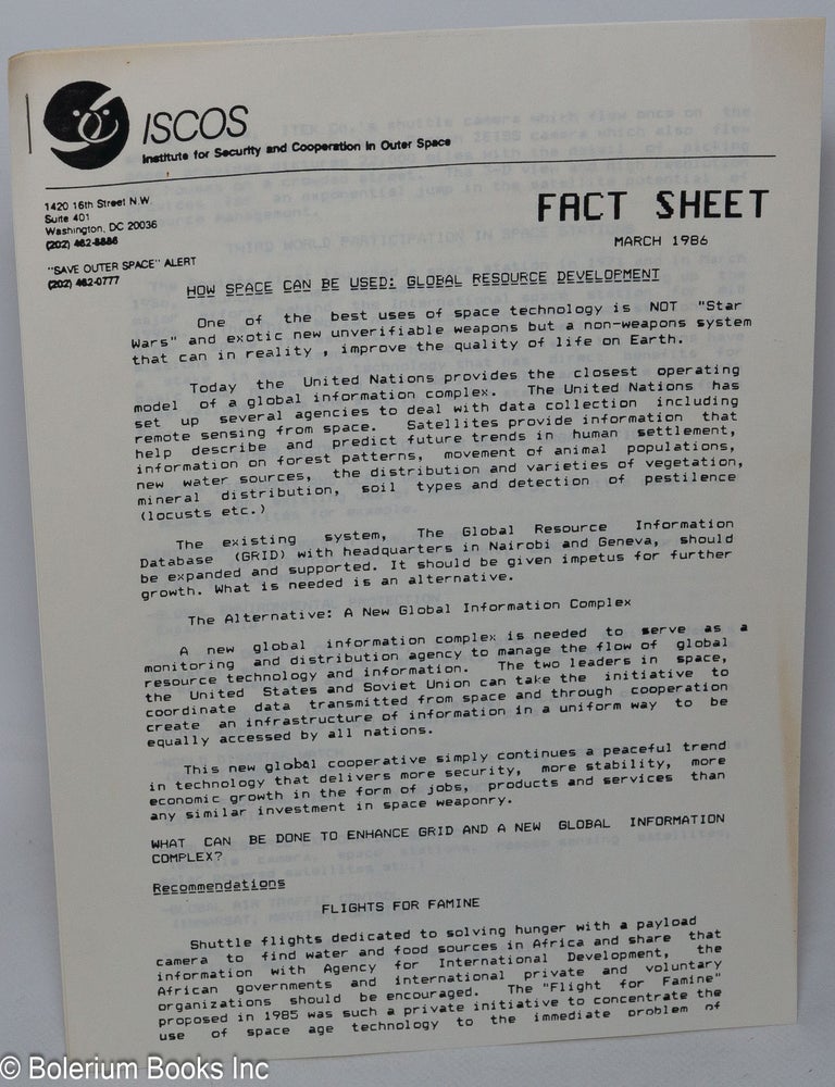 Cat.No: 308036 ISCOS, fact sheet (March 1986). How space can be used: global rescue development