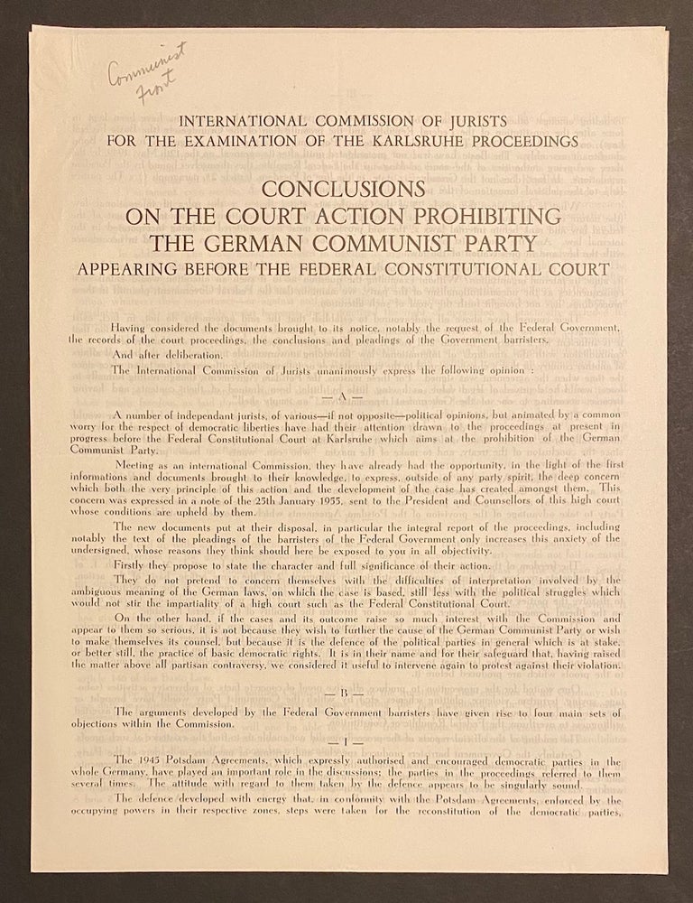 Cat.No: 308307 Conclusions on the court action prohibiting the German Communist Party appearing before the Federal Constitutional Court
