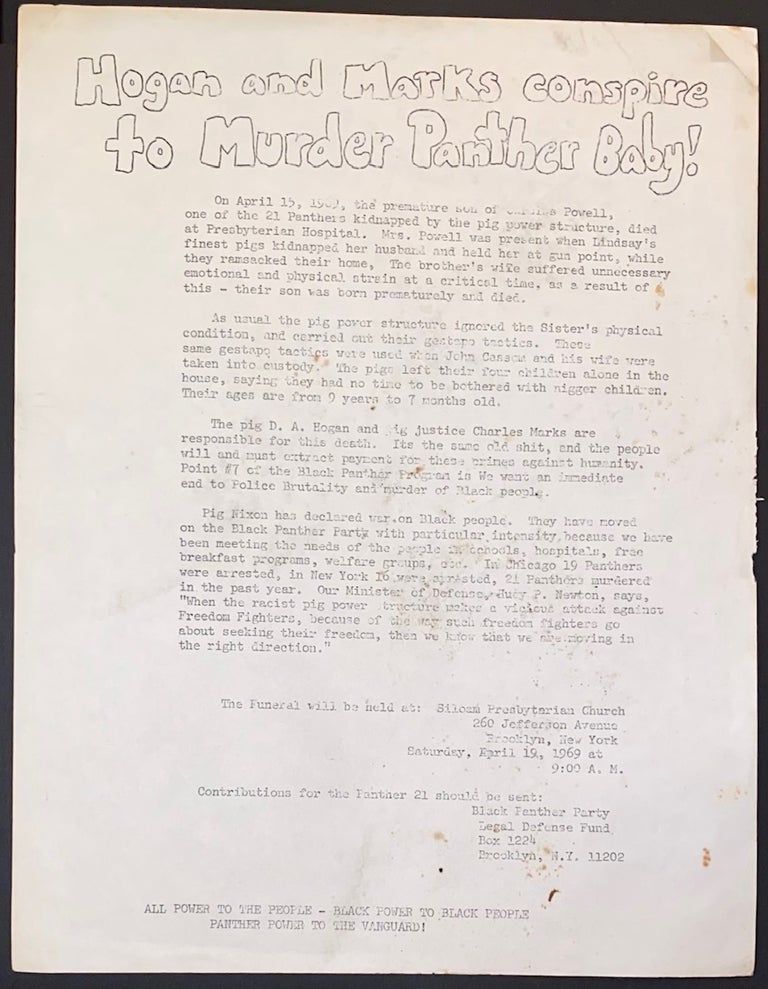 Cat.No: 309378 Hogan and Marks conspire to murder Panther baby! [handbill]