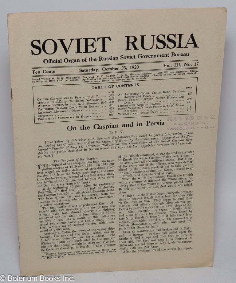 Cat.No: 309521 Soviet Russia, official organ of the Russian Soviet Government Bureau. Vol. 3, no. 17, October 23, 1920. Jacob Wittmer Hartmann, ed.