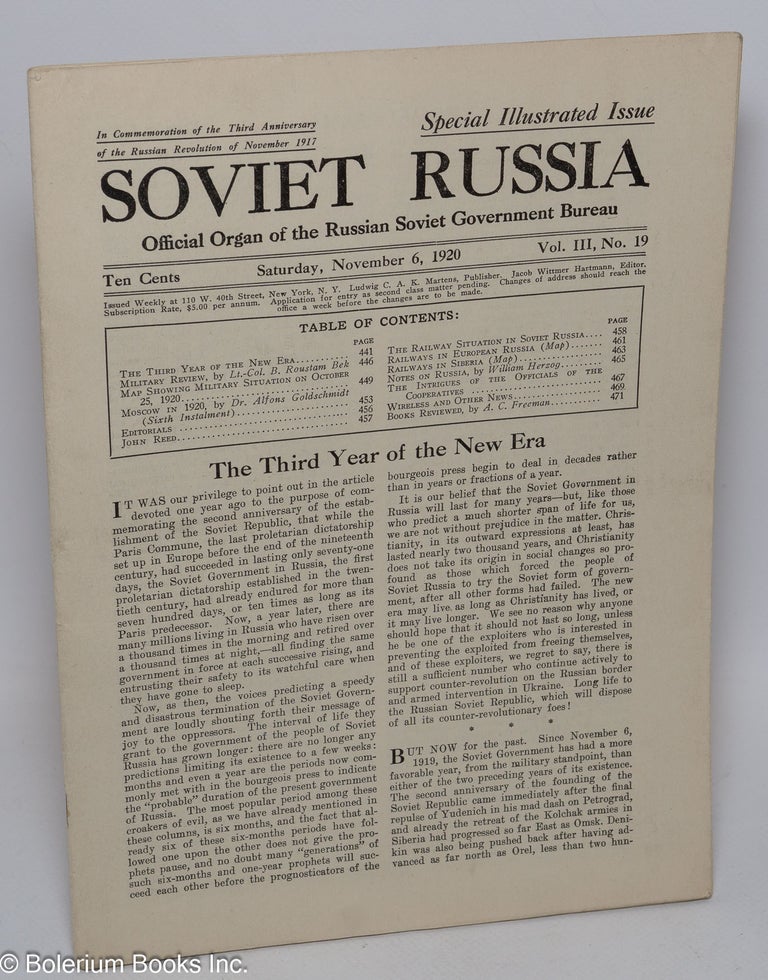 Cat.No: 309524 Soviet Russia, official organ of the Russian Soviet Government Bureau. Vol. 3, no. 19, November 6, 1920. Jacob Wittmer Hartmann, ed.