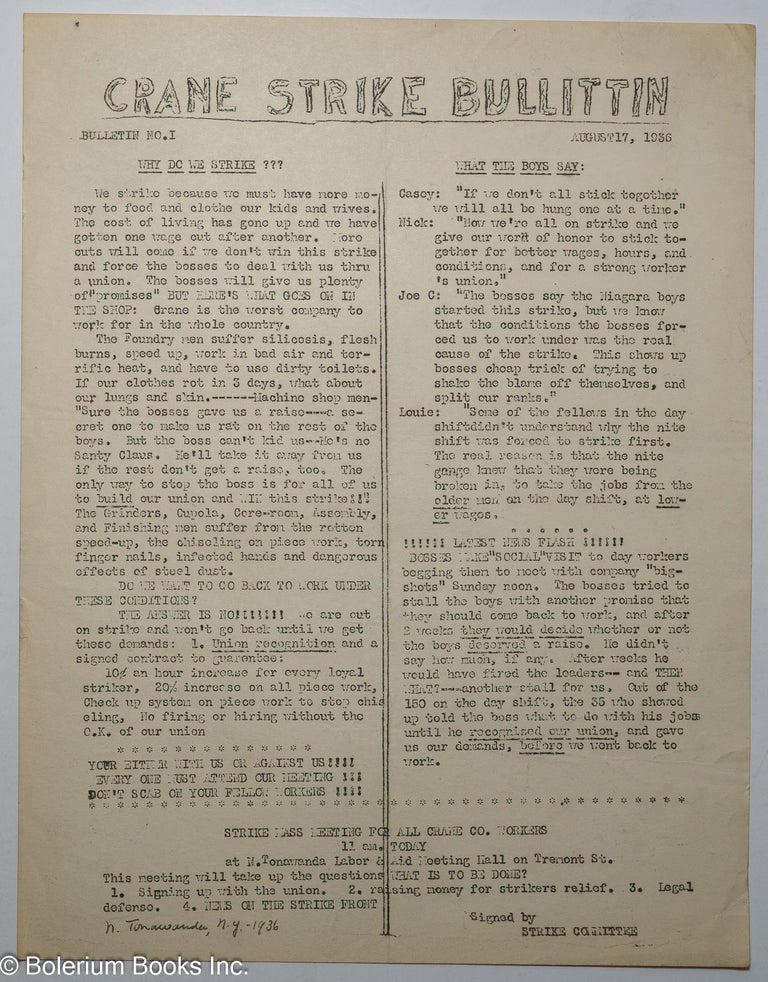 Cat.No: 309672 Crane Strike Bulletin; no. 1 (August 17, 1936)