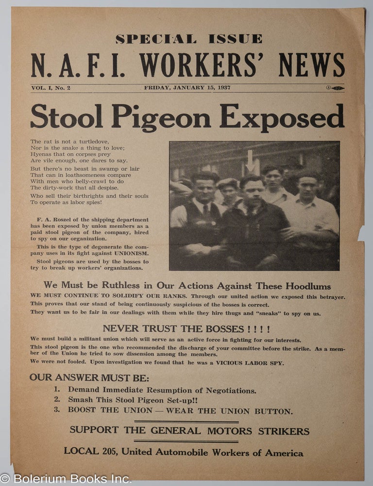 Cat.No: 309683 NAFI Workers' News. Special issue. Vol. 1 no. 2 (January 15, 1937). Stool Pigeon Exposed