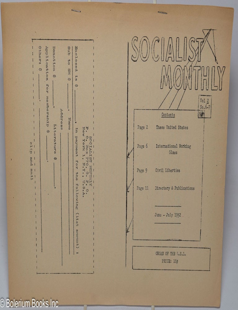 Cat.No: 309966 Socialist Monthly: Vol. II, no. 6/7 (June-July 1952)