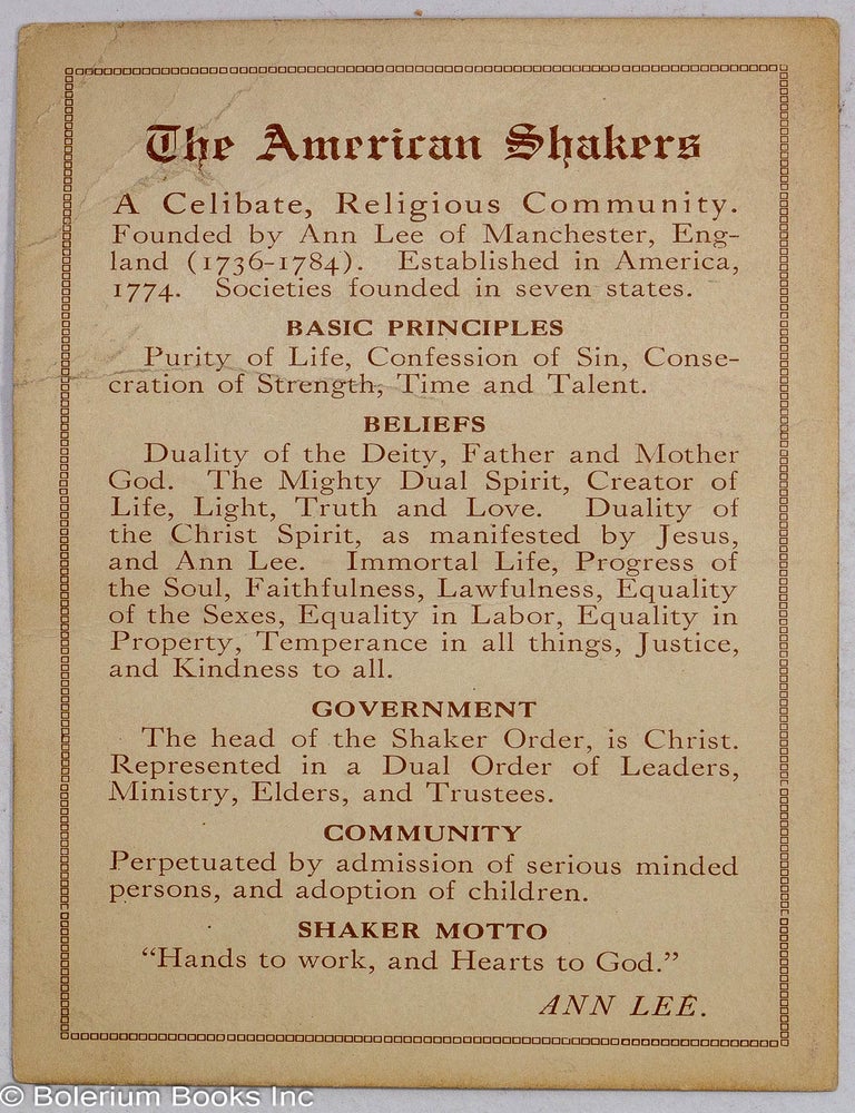 Cat.No: 310670 The American Shakers; a celibate, religious community [postcard]