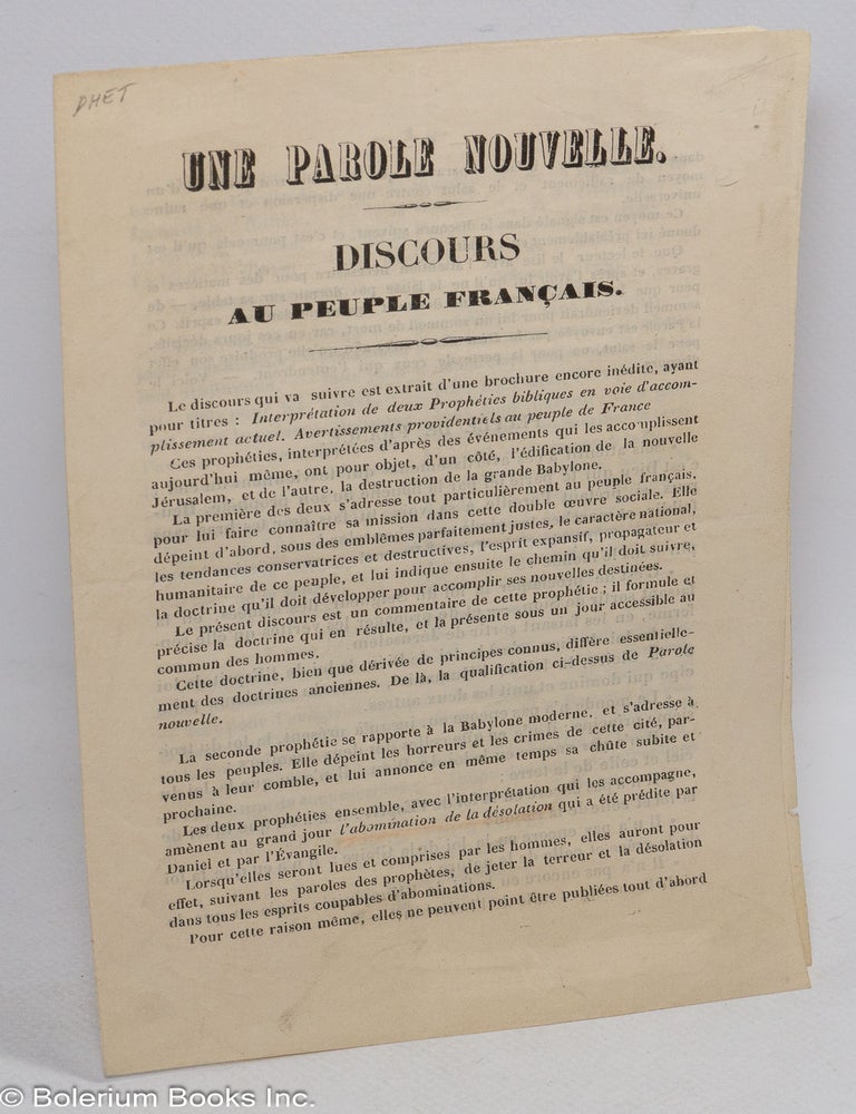 Cat.No: 310896 Une parole Nouvelle. Discours au peuple fran&ccedil;ais