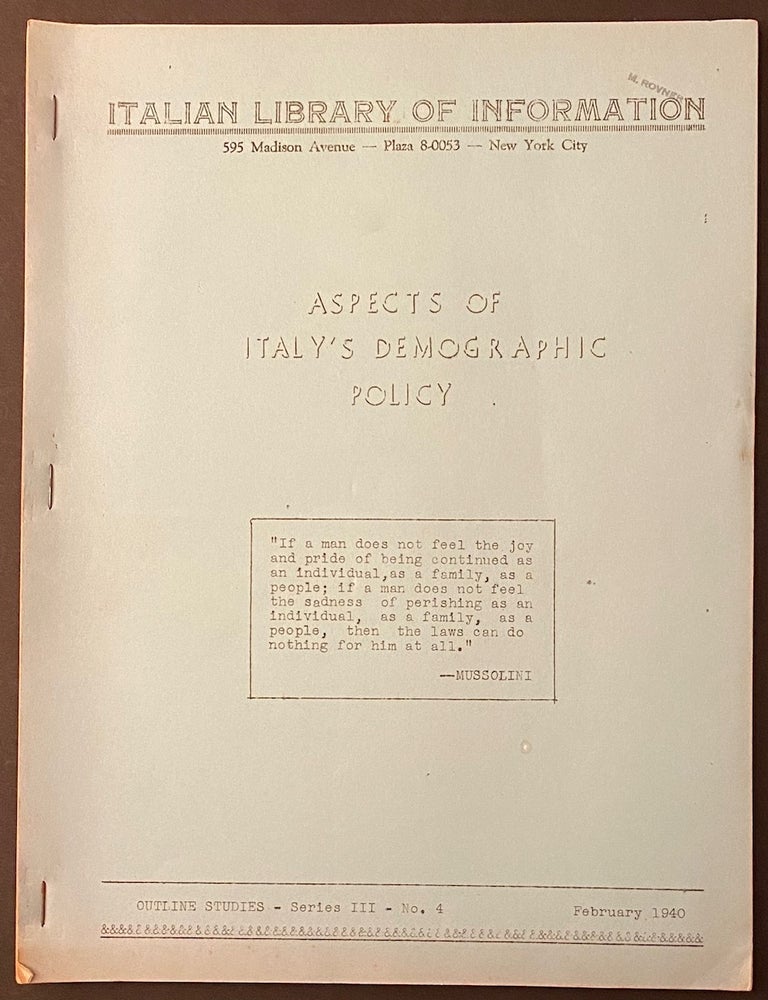 Cat.No: 311507 Aspects of Italy's demographic policy