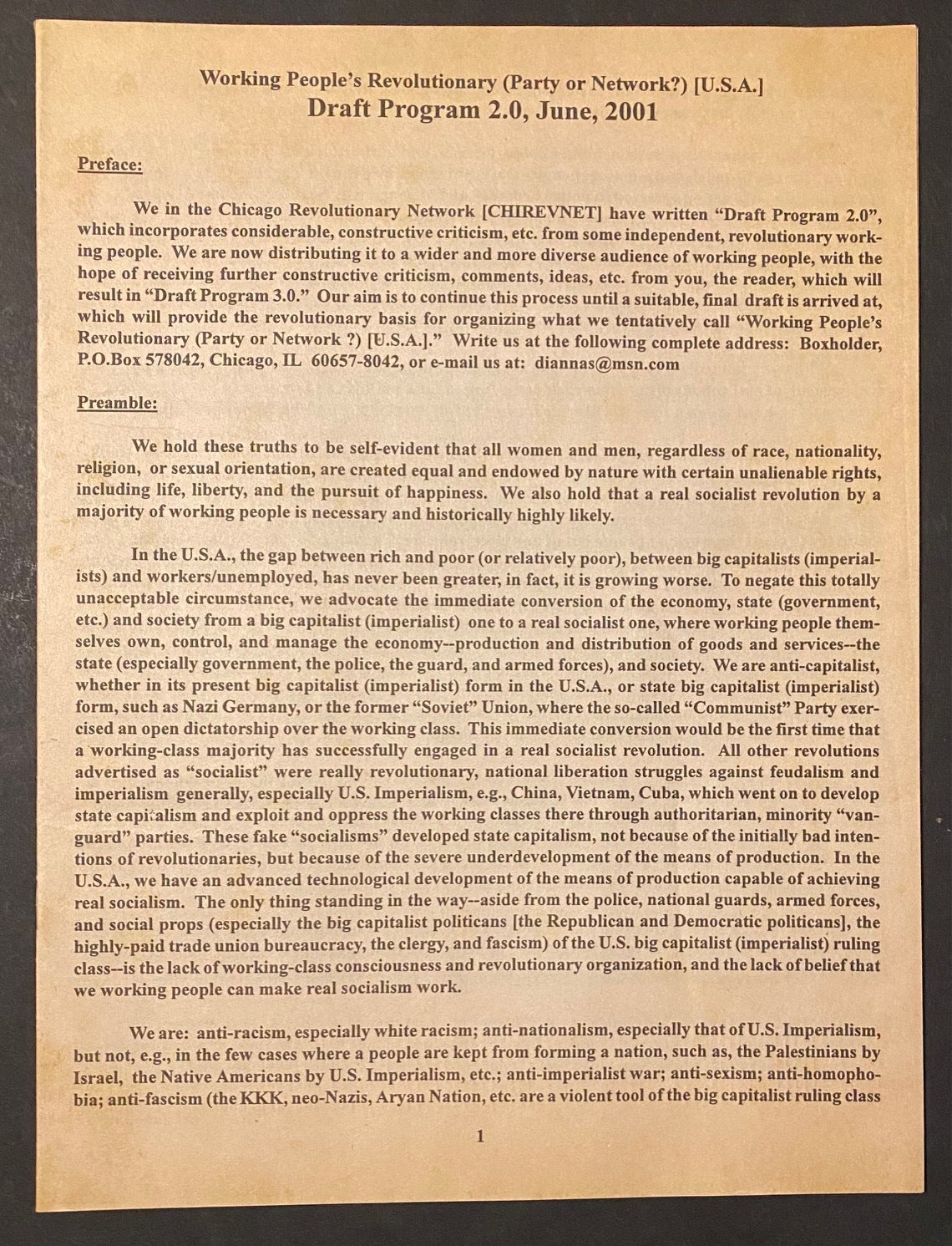 Draft Line Program Working People's Revolutionary Party or Network? USA . Draft program 2. ...