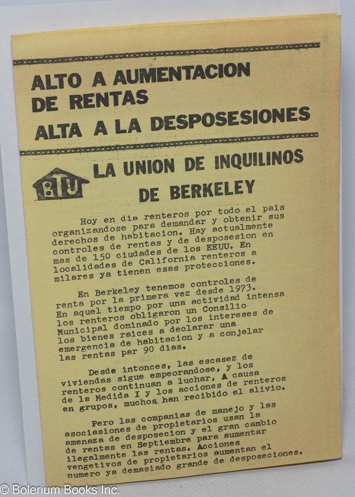 Cat.No: 312397 Alto a aumentacion de rentas, alta a la desposesiones
