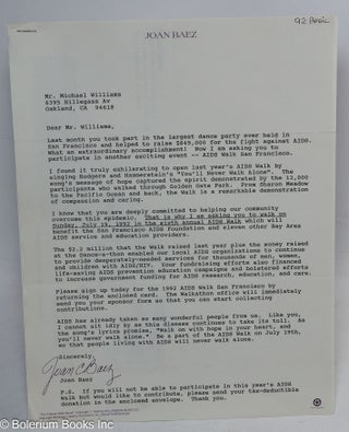 Cat.No: 312545 Open letter announcing AIDS Walk San Francisco. Joan Baez