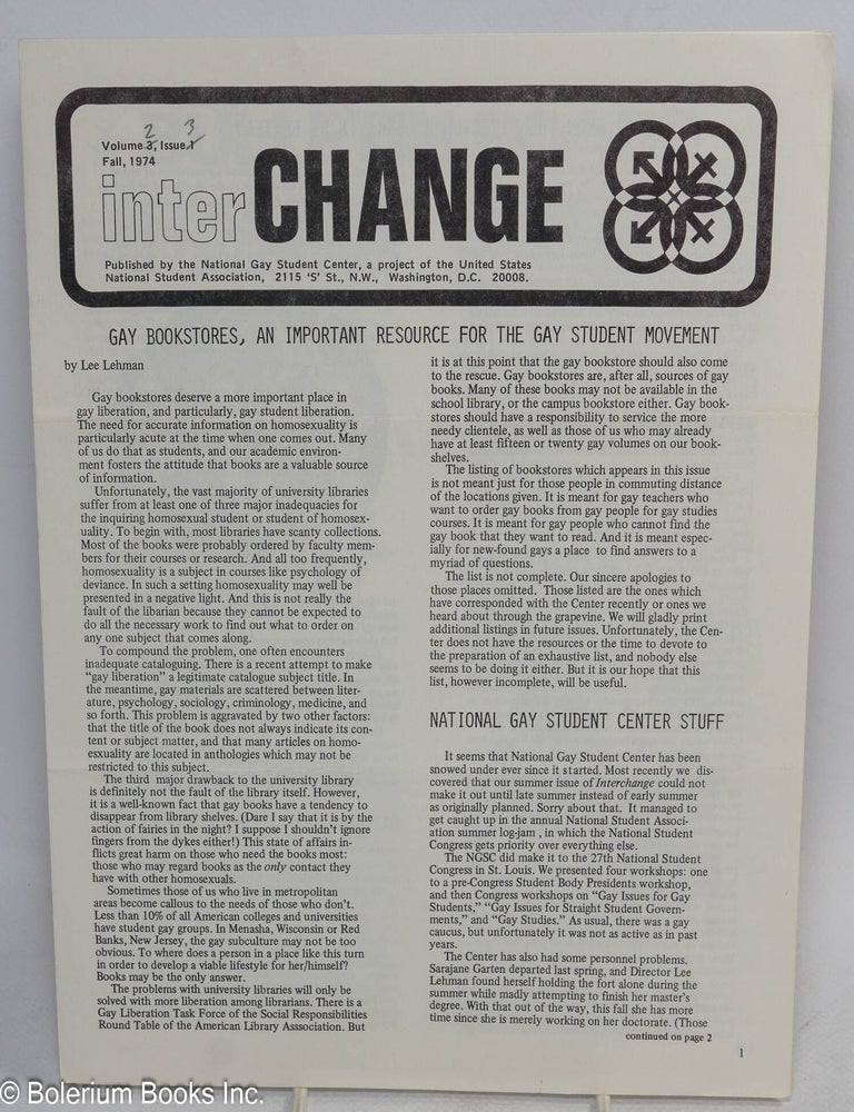 Cat.No: 312836 InterCHANGE: the newsletter of the National Gay Student Center; vol