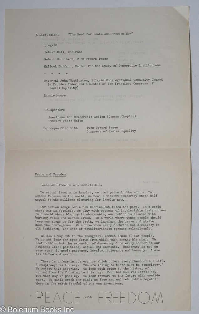 Cat.No: 313611 A Discussion: "The Need for Peace and Freedom Now" [handbill
