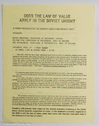 Cat.No: 313872 Does the law of value apply in the Soviet Union? A forum presented by the...