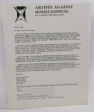 Cat.No: 314202 Artists against homelessness [handbill]. Zara Fredrickson, Sue Ying, Lynn...