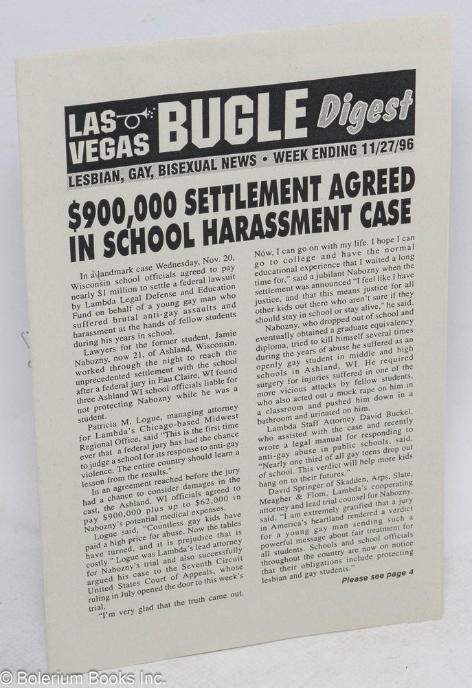 Cat.No: 314509 Las Vegas Bugle Digest: lesbian, gay, Bisexual news; week ending