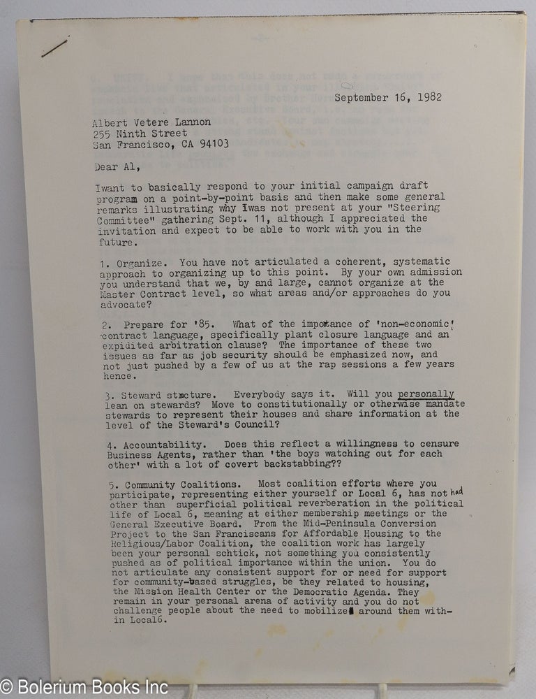 Cat.No: 314874 [ILWU Local 6, letter from Tom Edminster to Al Lannon]